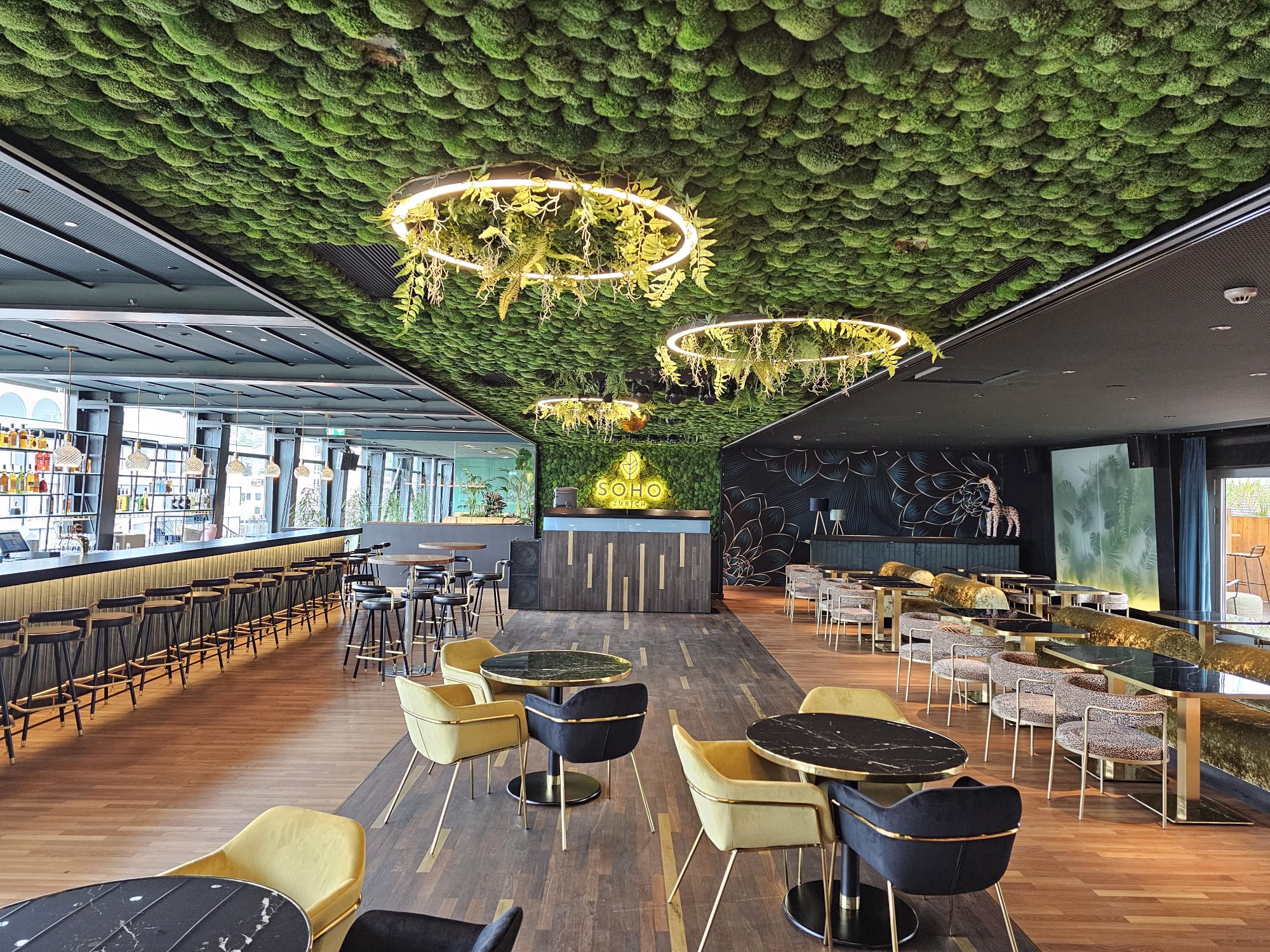 Decke aus Polstermoos mit ringförmigen Leuchten in einer Lounge