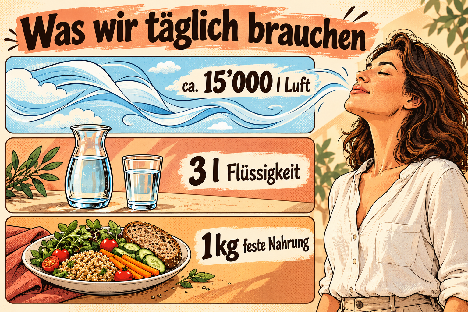 Illustration «Was wir täglich brauchen»: drei Karten mit ca. 15'000 l Luft, 3 l Flüssigkeit und 1 kg feste Nahrung, daneben eine Frau, die tief einatmet.